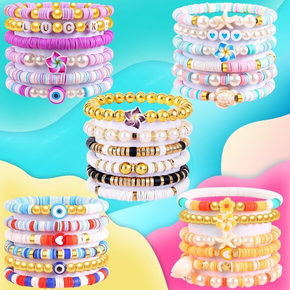 Charming 6PCS Stretchable Clay Bead Bracelets for Women - Preppy Evil Eye Set - Picture 5 of 7